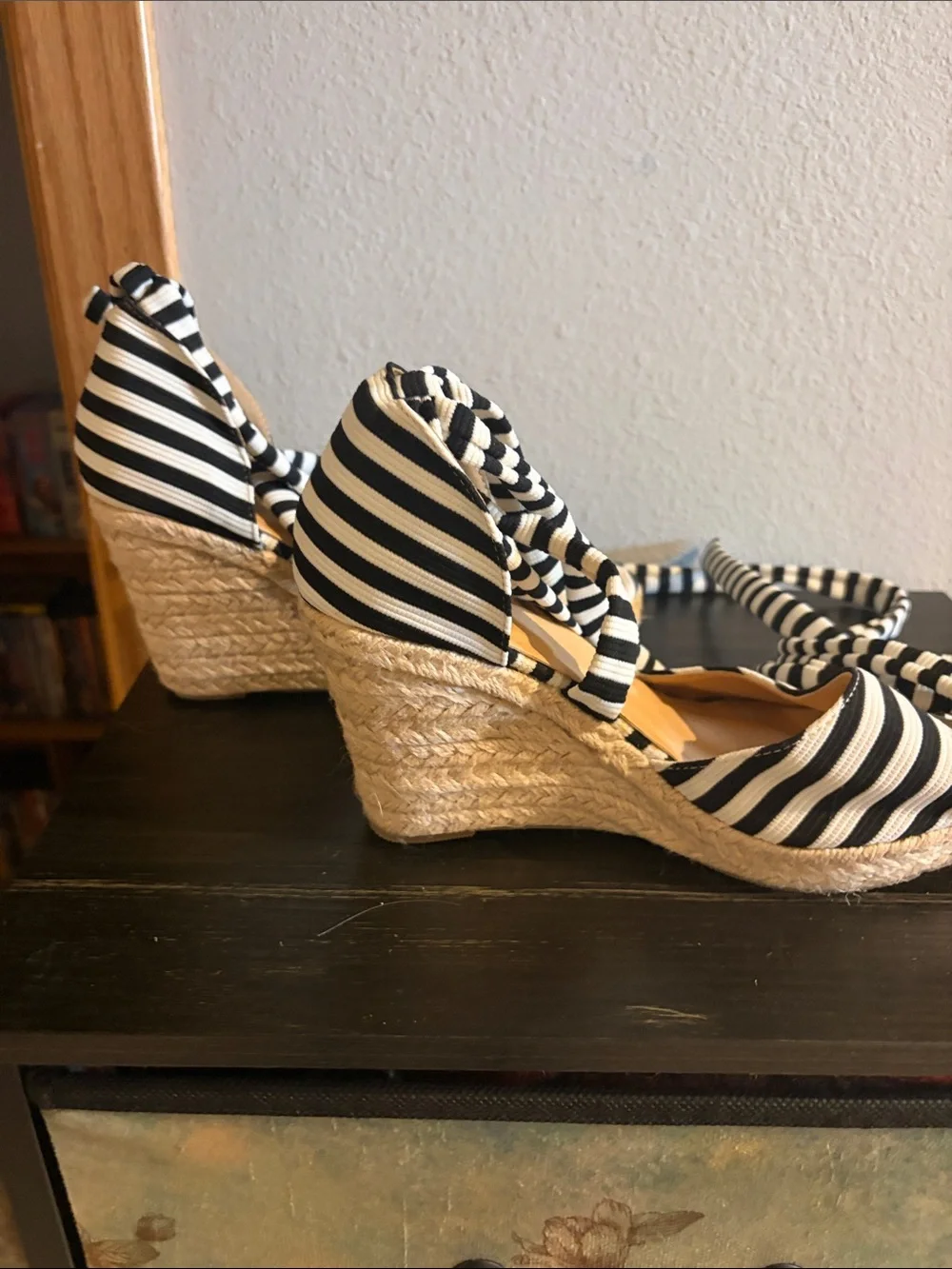 Striped Black and White Espadrille Lace-Up Sandals